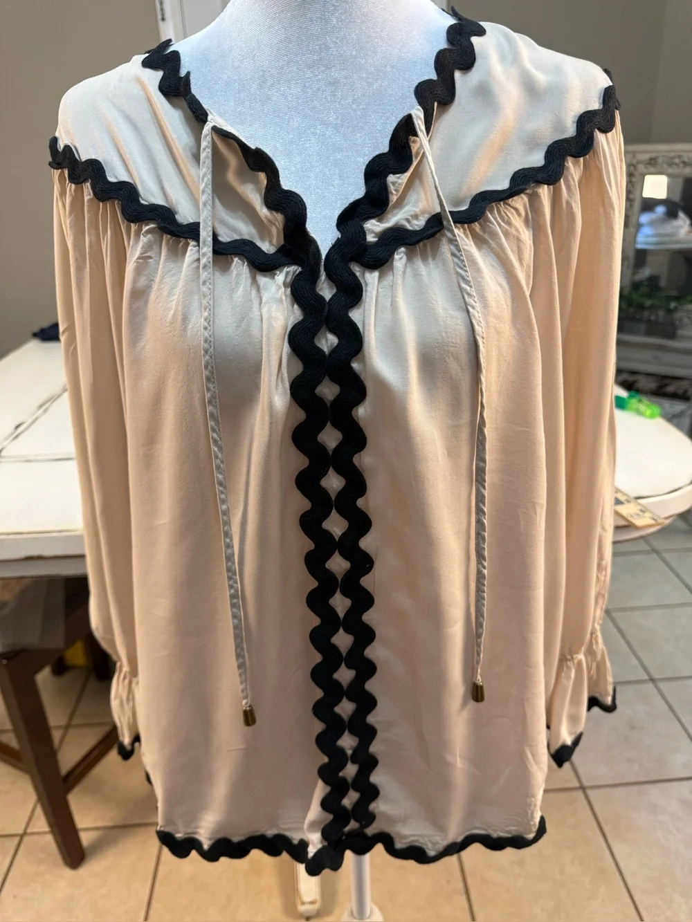 Cato tan Blouse with Black Wavy Trim Size Medium